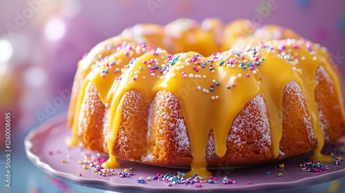 Delicious bundt cake with golden glaze and colorful sprinkles on a pastel plate in a sweet dessert composition photo