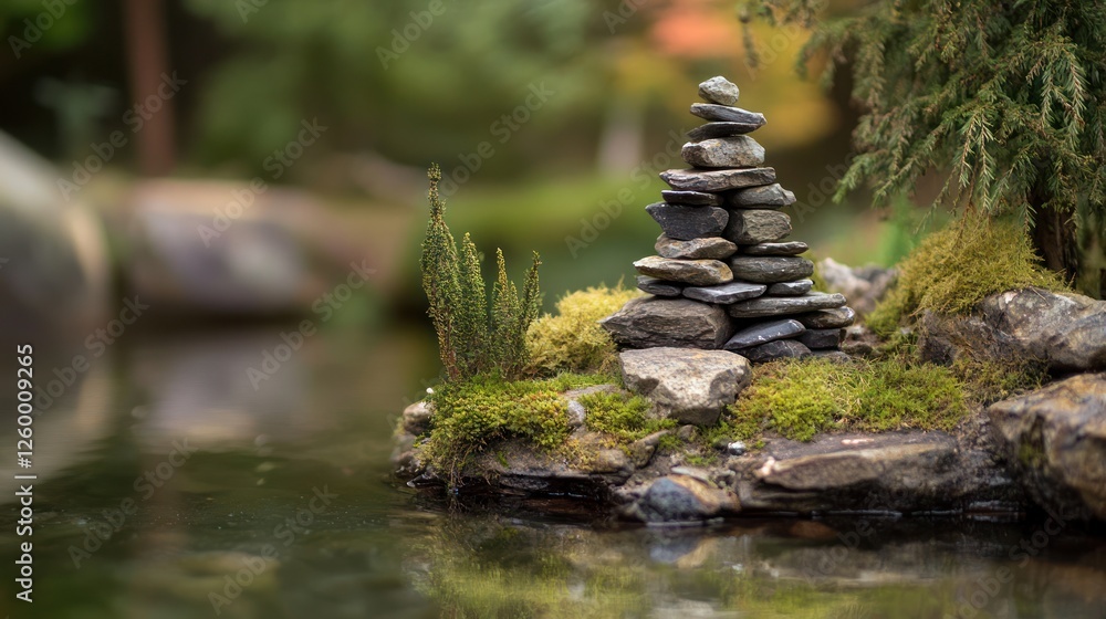 Naklejka premium Miniature Zen garden, stones stacked, moss, pond, nature scene, meditation