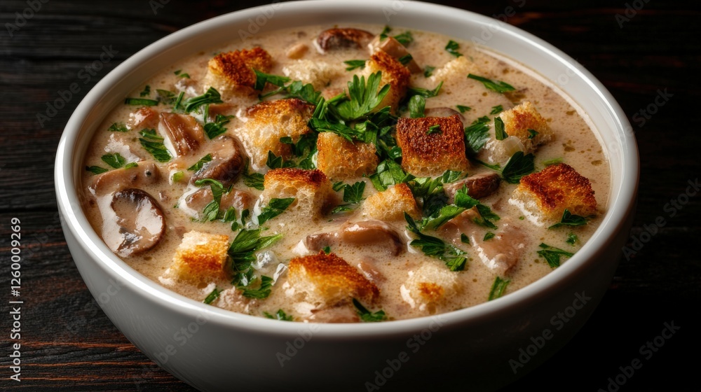 Creamy mushroom soup with croutons and fresh parsley in a white bowl on a dark wooden surface Creamy mushroom soup with croutons and fresh parsley in a white bowl on a dark wooden surface