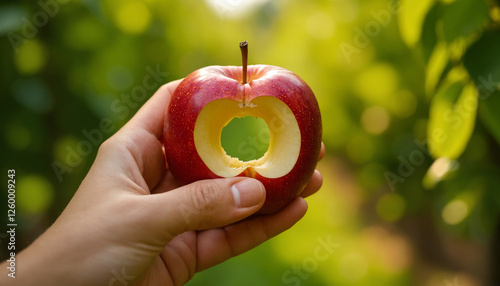 Hand holding a bitten red apple with a hole in the center