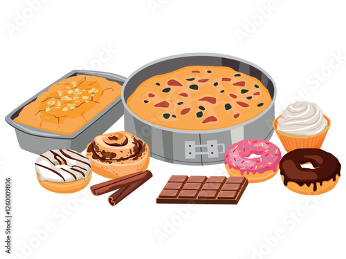 Various pastries from dough. Homemade cakes. Cartoon vector illustrationents-15