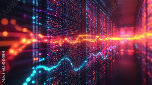 Vibrant digital data flow through a hightech server room with colorful light patterns