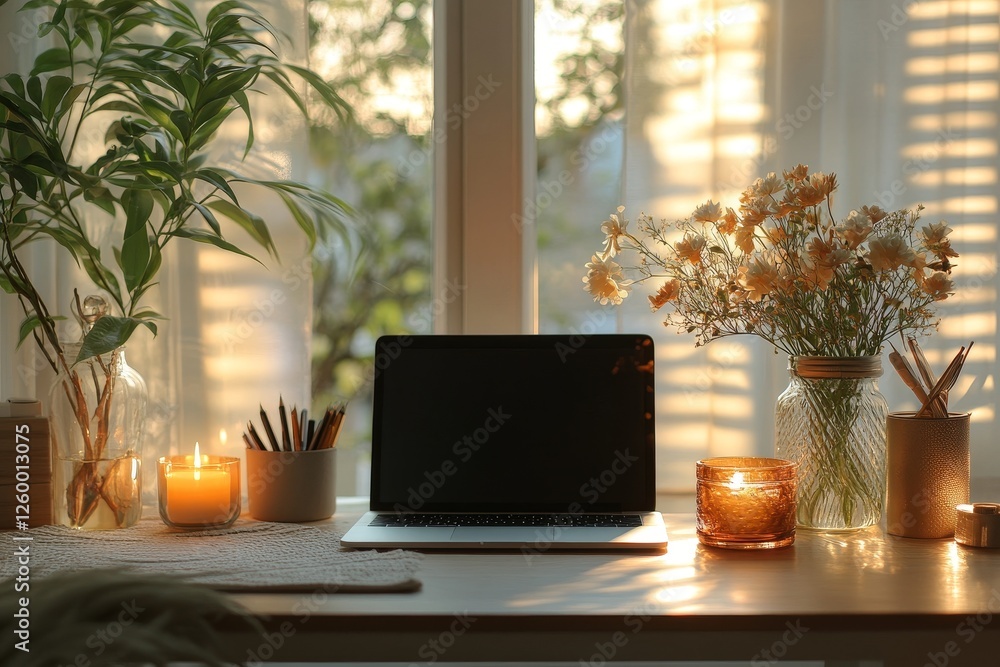 Fototapeta premium Laptop, plants, candles, sunrise workspace