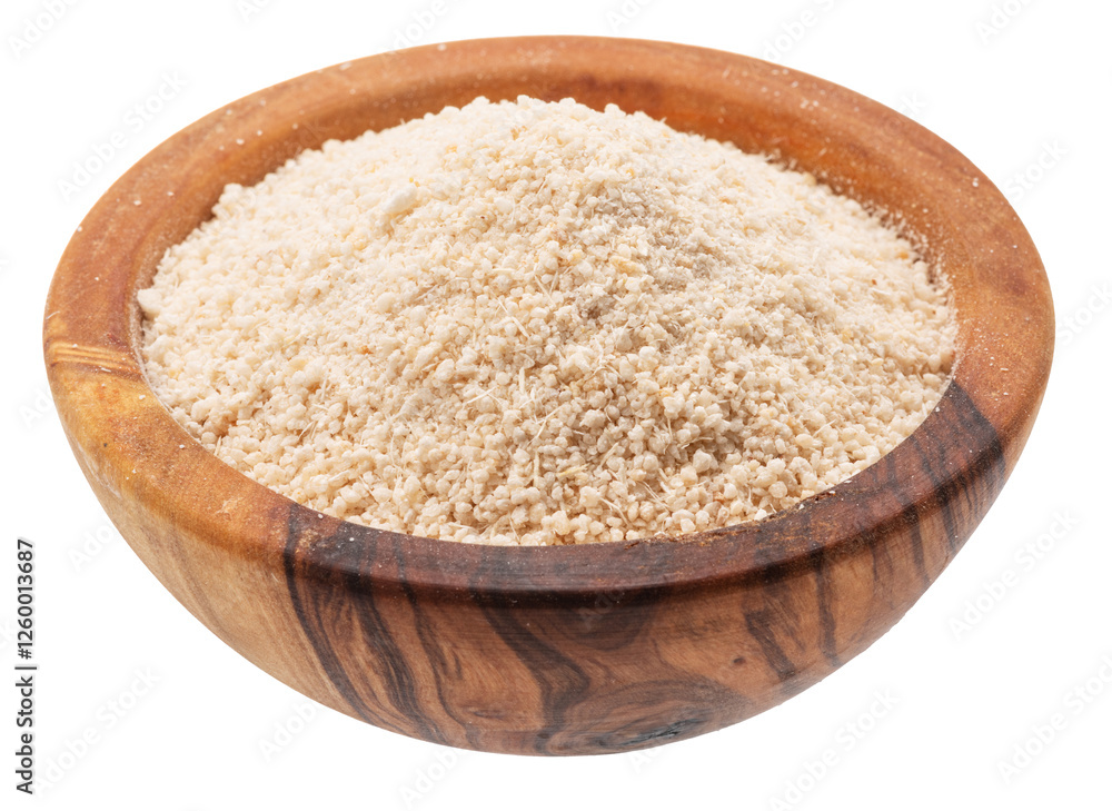 Cassava flour or manioc flour in wooden bowl on white background. File contains clipping path. Cassava flour or manioc flour in wooden bowl on white background. File contains clipping path.