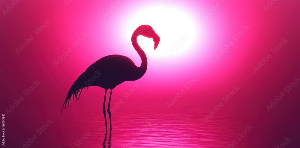 Fototapeta premium Silhouetted flamingo stands elegantly amidst vibrant pink sunrise scenery