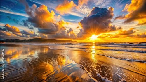 High-resolution image: Westward Ho's sunrise paints the beach with breathtaking dawn colors. photo