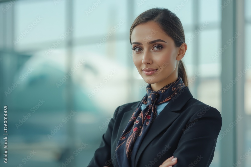 Head and shoulders Portrait of an elegant stylish Kuwaiti young female flight attendant in uniform. Head and shoulders Portrait of an elegant stylish Kuwaiti young female flight attendant in uniform.