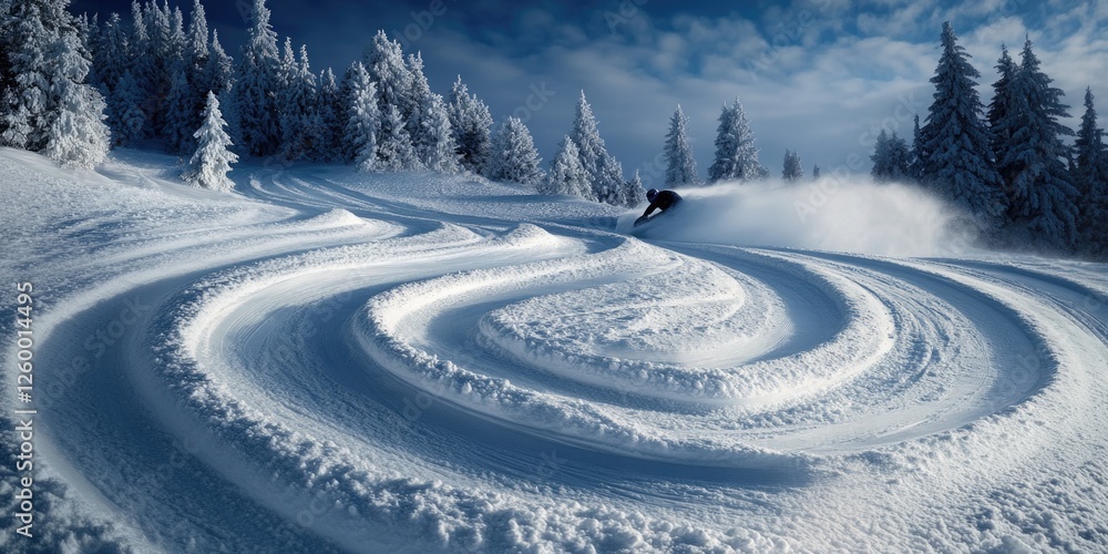 A pair of ski tracks through the snow, showing evidence of a skier enjoying their time in a mountainous winter landscape. A pair of ski tracks through the snow, showing evidence of a skier enjoying their time in a mountainous winter landscape.