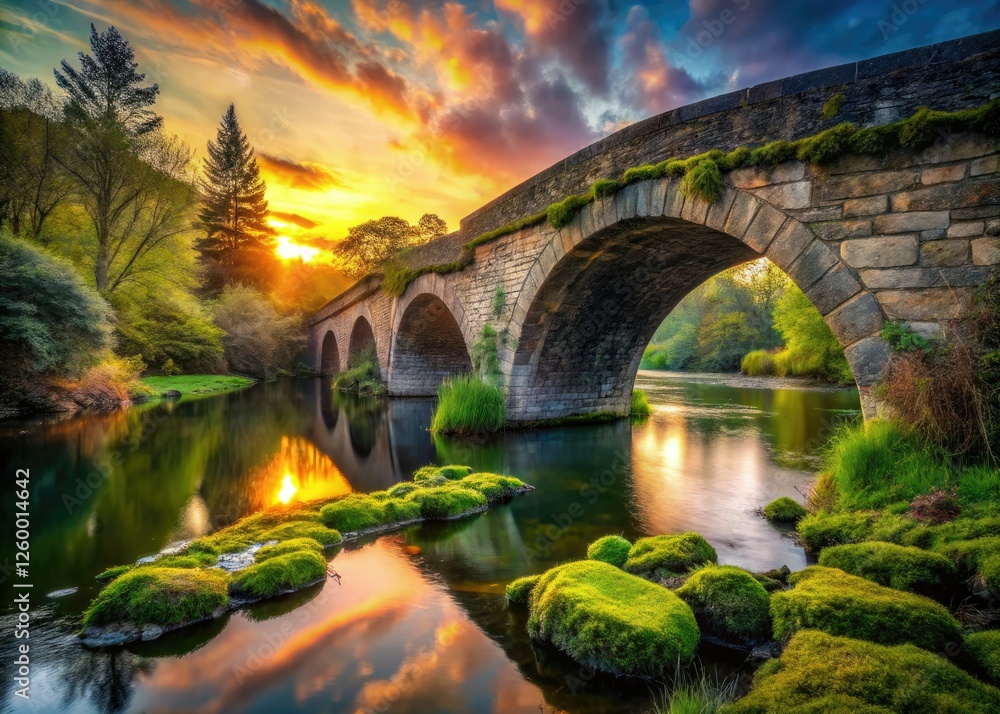 Fototapeta premium Historic stone bridge, its majestic arch mirrored in the river, a timeless photographic subject.