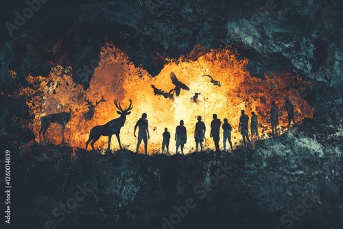 Prehistoric cave painting depicting early humans and wildlife in a dramatic, illuminated setting