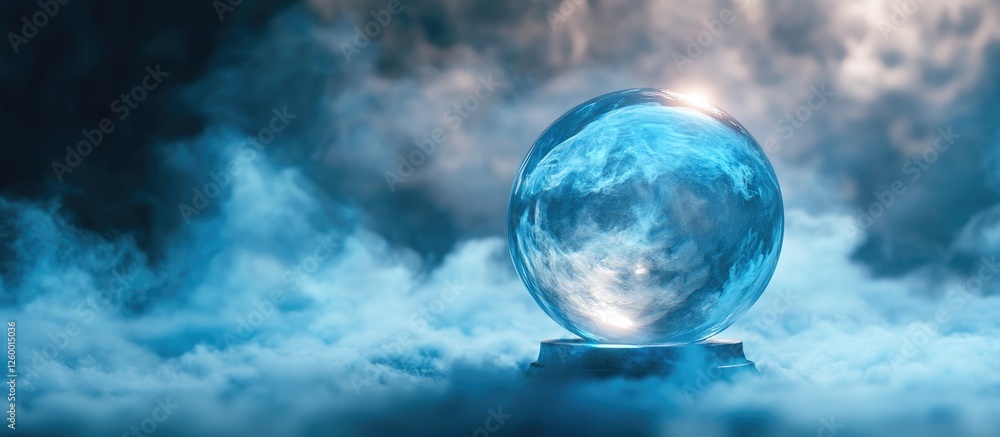 Crystal ball illuminated with a soft blue glow rests on a silver base amidst swirling ethereal mist in a fantastical dreamlike setting Crystal ball illuminated with a soft blue glow rests on a silver base amidst swirling ethereal mist in a fantastical dreamlike setting