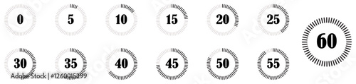 Minimalist circular countdown timer icons set with bold numbers and segmented progress indicators for time tracking, stopwatch.  Countdown 0,5, 10,15,20,25,30,35,40,45,50,55 and 60 minutes.