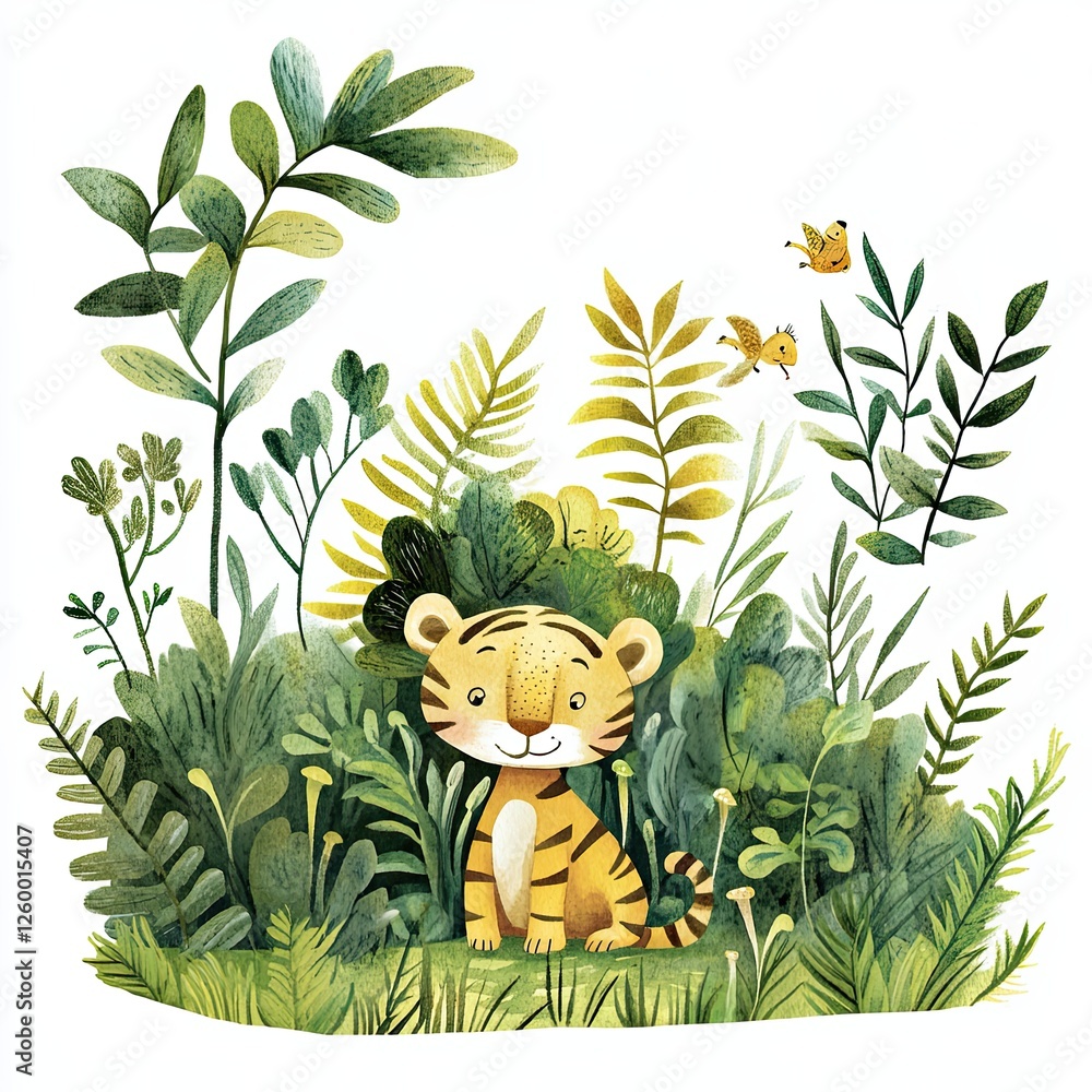 Fototapeta premium Brightly colored cartoon tiger sitting among lush green foliage with butterflies flying around in a vibrant jungle setting