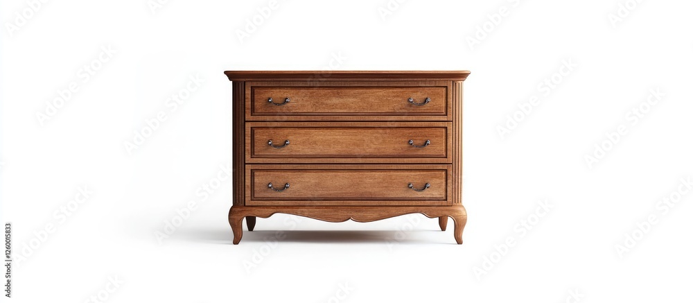 Brown wooden chest of drawers with three spacious drawers stands isolated against a bright white background perfect for adding text or graphics Brown wooden chest of drawers with three spacious drawers stands isolated against a bright white background perfect for adding text or graphics