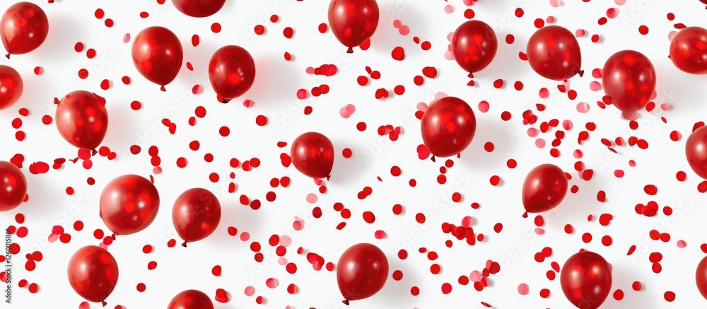 Bright red helium balloons scattered across a clean white background with confetti, creating a festive and joyful atmosphere of celebration. Bright red helium balloons scattered across a clean white background with confetti, creating a festive and joyful atmosphere of celebration.