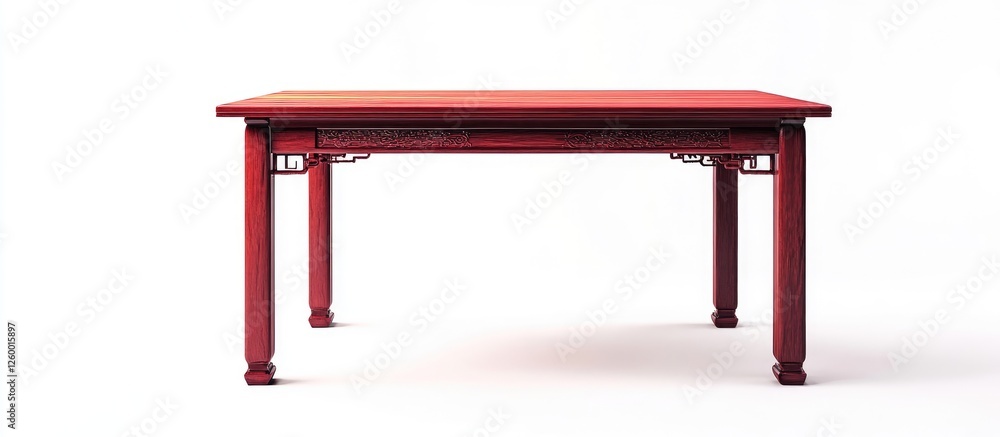 Red wooden dining table in Chinese style centered on a white background, showcasing polished surface and intricate leg details, ideal for decor themes. Red wooden dining table in Chinese style centered on a white background, showcasing polished surface and intricate leg details, ideal for decor themes.
