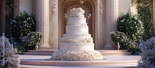 Elegant three-tier wedding cake adorned with white flowers, set on a circular platform surrounded by lush greenery and classical architecture.