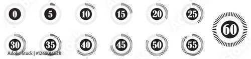 Timer icon collection with 5 10 15 20 25 30 35 40 45 50 and 60 mins. Countdown timer icons set for time tracking. Circular stopwatch graphics for scheduling. watch clock sandglass reminder hourglass 