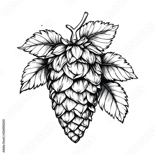 Detailed black and white hop cone illustration with leaves for botanical and brewing art.