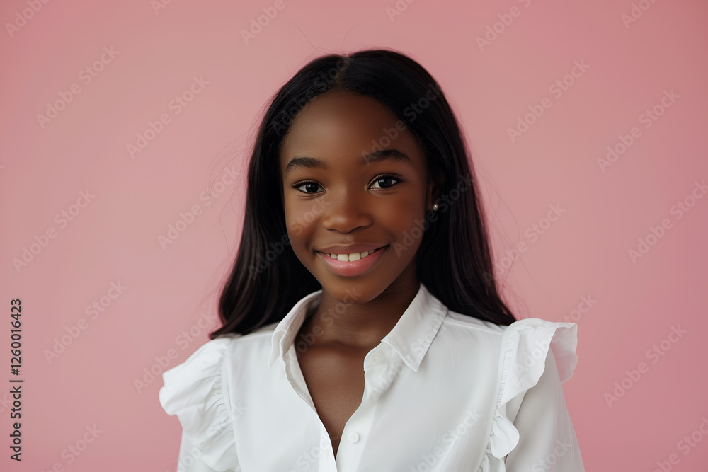 Portrait of African American woman isolated on pink background. Young girl in white blouse Portrait of African American woman isolated on pink background. Young girl in white blouse