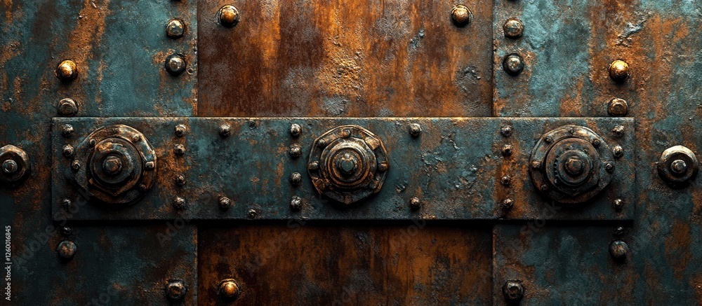 Fototapeta premium Rustic metal door with weathered copper and iron textures, featuring circular locks and rivets, centered composition with a warm color palette.