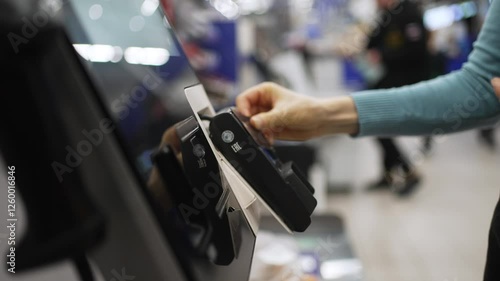 Female shopper performing contactless payment using credit card at self-service kiosk, showcasing modern, efficient retail technology and cashless transaction method