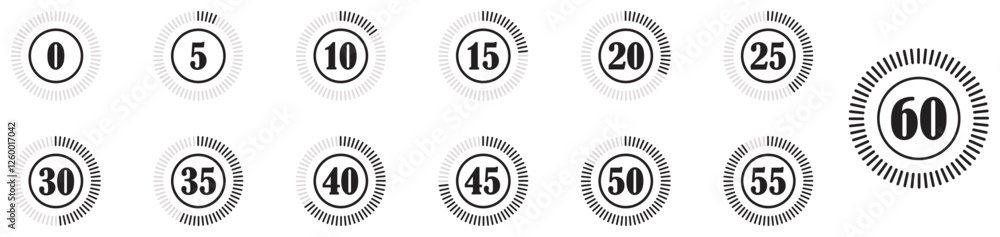 Countdown timer sign and symbol collection set with 5 10 15 20 25 30 35 40 45 50 55 and 60 mins sec or hrs. Set of stopwatch icon. Countdown timer icons set for time tracking. Circular stopwatch. 