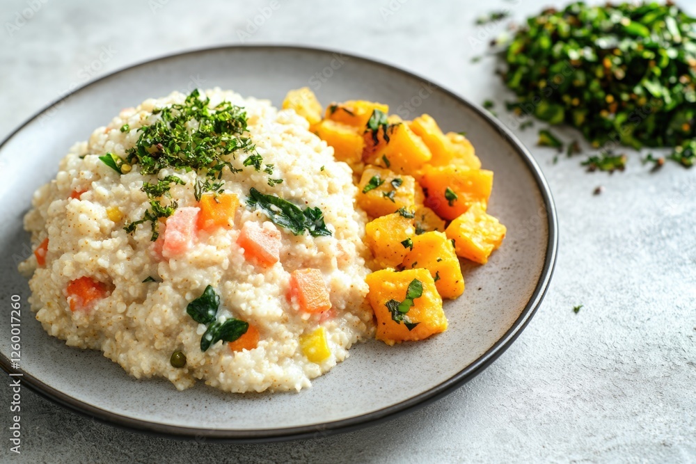 Vegetable risotto with carrots and yellow squash, served garnished with fresh spinach and basil. A gluten-free, low-carb meal that is both healthy and delicious. Vegetable risotto with carrots and yellow squash, served garnished with fresh spinach and basil. A gluten-free, low-carb meal that is both healthy and delicious.