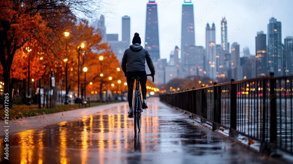 A commuter bicycling along a riverside path in the early morning, with skyscrapers in the background, A commuter bicycling along a riverside path in the early morning, with skyscrapers in the background,