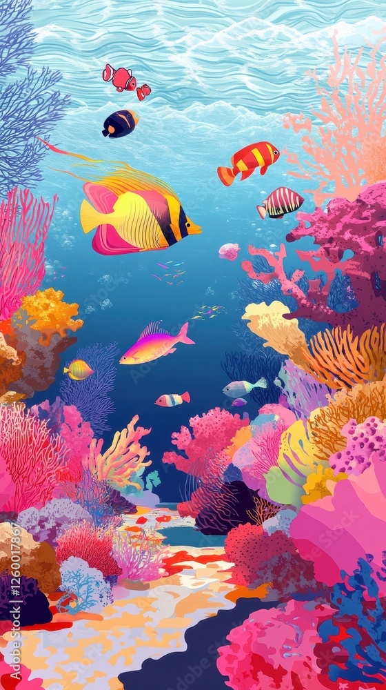 Naklejka premium Colorful fish swim among a vibrant coral reef scene