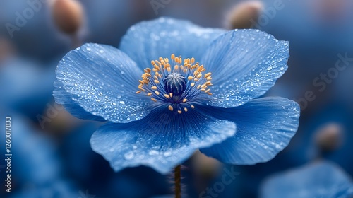 A Mesmerizing Artistic Close-Up Composite of a Blue Poppy Flower Surrounded by the Naturistic Beauty of Washington State, USA photo