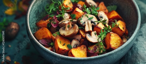 Colorful bowl with roasted sweet potatoes and sliced mushrooms garnished with fresh herbs set against a textured backdrop for healthy meal inspiration. photo