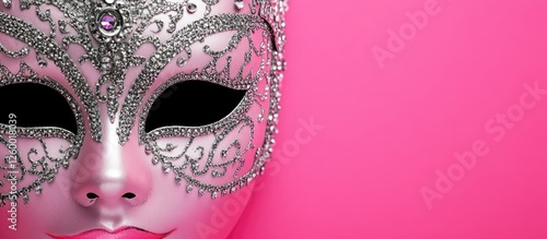 Elegant silver mask adorned with intricate patterns against a vibrant pink background, highlighting its mysterious allure and artistic detail. photo