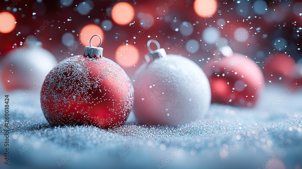 3d rendering of red and white balls with snow falling