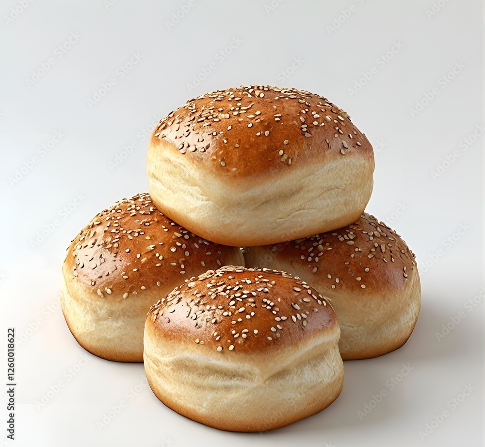 There are neat rows of sesame buns on a clean, snow-white background. Each of them has a perfect shape, slightly rounded and soft. The surface of the buns is covered with a golden crust that shimmers There are neat rows of sesame buns on a clean, snow-white background. Each of them has a perfect shape, slightly rounded and soft. The surface of the buns is covered with a golden crust that shimmers