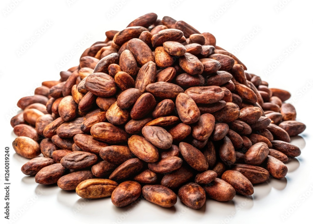 Luxurious cocoa beans, photographed in high resolution against a pure white backdrop. A decadent food and product shot. Luxurious cocoa beans, photographed in high resolution against a pure white backdrop. A decadent food and product shot.