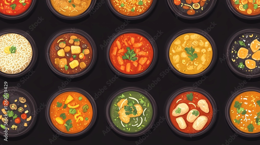 illustration of Indian curry, showcasing spices and ingredients in a delicious and vibrant presentation for food-themed projects. Storybook illustration style. illustration of Indian curry, showcasing spices and ingredients in a delicious and vibrant presentation for food-themed projects. Storybook illustration style.