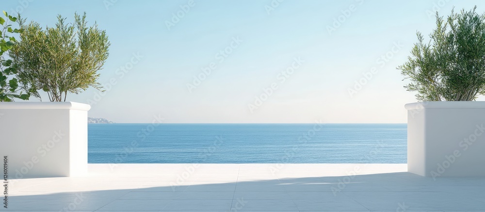 Coastal terrace view with white planters and serene blue ocean backdrop, ample empty space for text on bright sunny day, promoting relaxation and tranquility Coastal terrace view with white planters and serene blue ocean backdrop, ample empty space for text on bright sunny day, promoting relaxation and tranquility