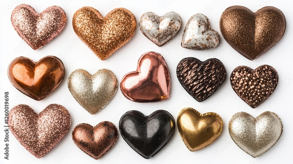 Fototapeta premium Assorted Valentine's hearts with metallic and matte textures, ranging from tiny heart confetti to large decorative hearts, isolated