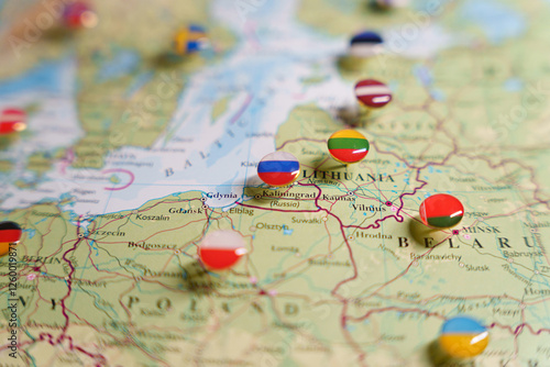 Fotografie Map shown eastern europe with countries flag pins