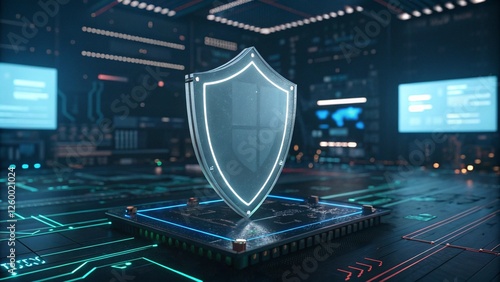 A glowing digital shield hovering over a computer processor in a high-tech server room, symbolizing cybersecurity, data protection, and cyber defense.  
