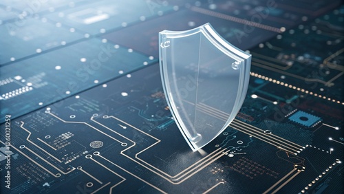 A transparent shield hovering over a circuit board, symbolizing cybersecurity, data protection, and digital defense against cyber threats and hacking.  
