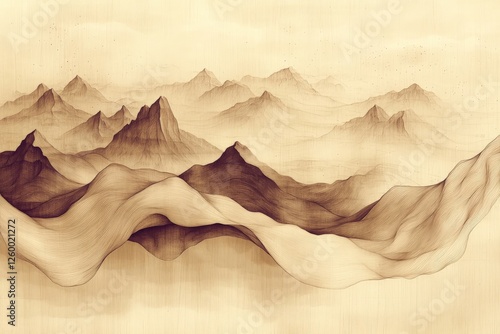 Stunning landscape illustration features winding mountains and serene valleys in a soft brown color palette
