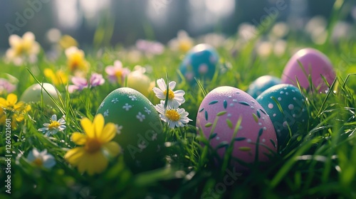 A vibrant and joyful Easter scene with colorful eggs scattered on the grass, surrounded by flowers and greenery. A perfect backdrop for Easter festivities.