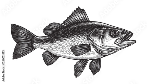 Hand-drawn vintage fish illustration in woodcut style with intricate details