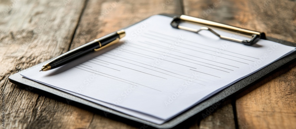 Clipboard with blank white paper and a black pen on a wooden surface, emphasizing strategic planning and goal setting for sales contracts. Clipboard with blank white paper and a black pen on a wooden surface, emphasizing strategic planning and goal setting for sales contracts.
