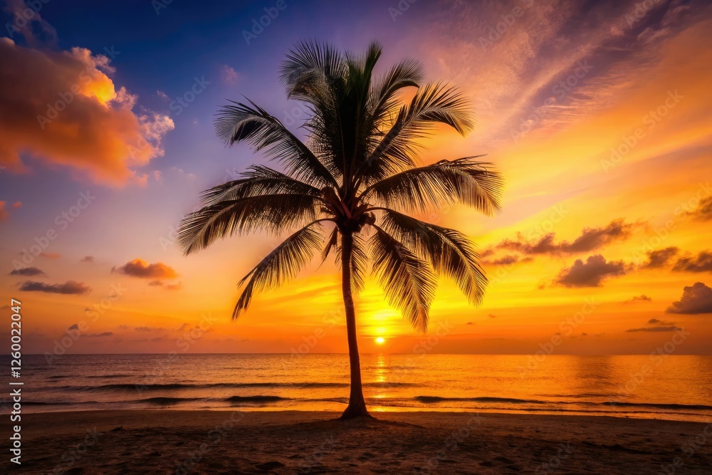 Minimalist sunset silhouette of a lone palm tree on a tranquil island beach; pure summer vacation. Minimalist sunset silhouette of a lone palm tree on a tranquil island beach; pure summer vacation.