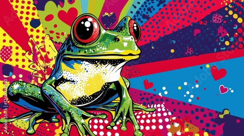 Pop art-style frog prince with bold colors, polka dot patterns, and comic-style hearts, high-contrast design, isolated on white background photo