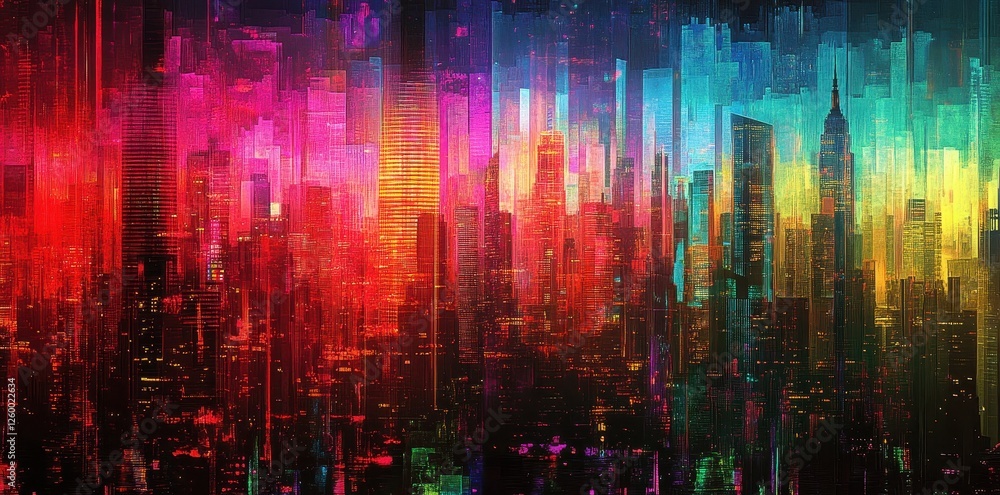 Obraz premium Vibrant colorful pixelated cityscape features numerous illuminated skyscraper buildings
