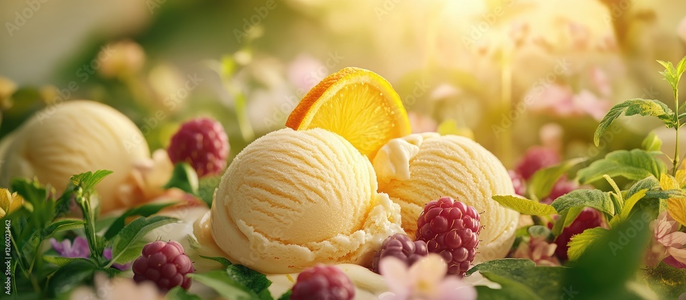 Creamy vanilla ice cream scoops adorned with orange slices and surrounded by vibrant flowers and berries in a sunlit garden setting. Creamy vanilla ice cream scoops adorned with orange slices and surrounded by vibrant flowers and berries in a sunlit garden setting.